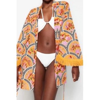 Moda Dokuma Regular Kalıp Crop V Yaka İspanyol Kol Vual Basic Çiçekli Desen Kimono Kaftan