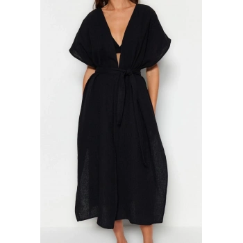 Moda Dokuma Oversize Kalıp Uzun V Yaka Standart Kol Müslin Kruvaze Düz Desen Kimono Kaftan