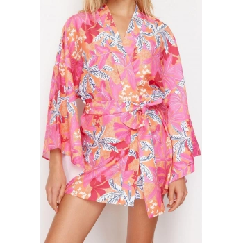 Moda Dokuma Regular Kalıp Crop V Yaka İspanyol Kol Kelly Basic Tropikal Desen Kimono Kaftan