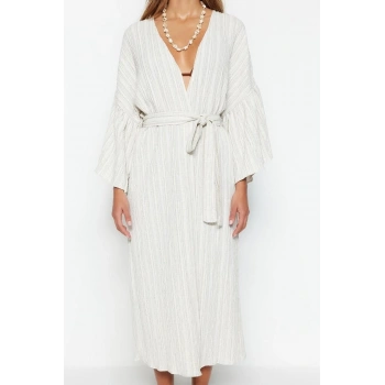 Moda Örme Regular Kalıp Uzun V Yaka Büzgülü/Fırfırlı Kol Müslin Basic Düz Desen Kimono Kaftan