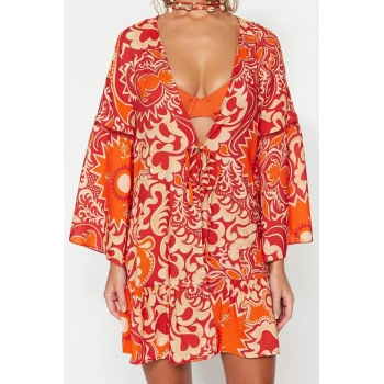 Moda Dokuma Regular Kalıp Crop V Yaka Standart Kol Shally Basic Etnik Desen Kimono Kaftan