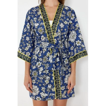 Moda Dokuma Regular Kalıp Crop V Yaka Standart Kol Vual Basic Etnik Desen Kimono Kaftan