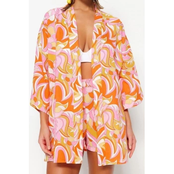 Moda Dokuma Regular Kalıp Crop V Yaka Standart Kol Vual Basic Soyut Desen Kimono Kaftan