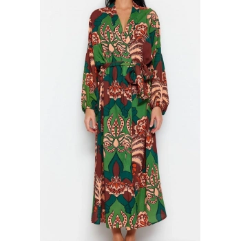 Moda Dokuma Regular Kalıp Uzun Şal Yaka Standart Kol Shally Basic Tropikal Desen Kimono Kaftan