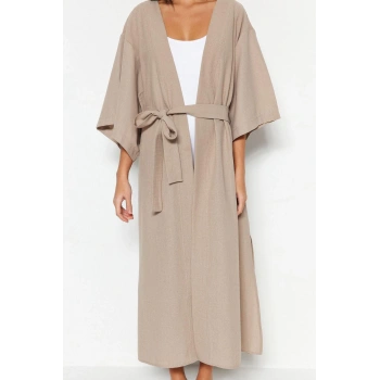 Moda Dokuma Regular Kalıp Midi V Yaka İspanyol Kol Keten görünümlü Basic Düz Desen Kimono Kaftan