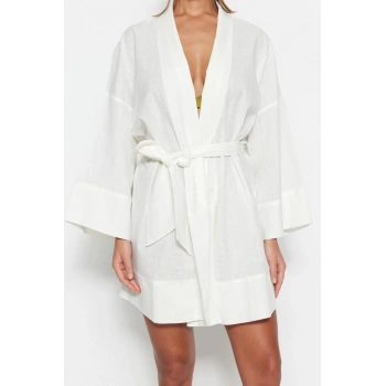 Moda Dokuma Rahat Kalıp Uzun Şal Yaka Standart Kol Flamlı Pamuk Basic Düz Desen Kimono Kaftan