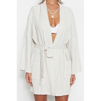 Moda Dokuma Regular Kalıp Mini Şal Yaka Standart Kol Keten karışımlı Basic Düz Desen Kimono Kaftan