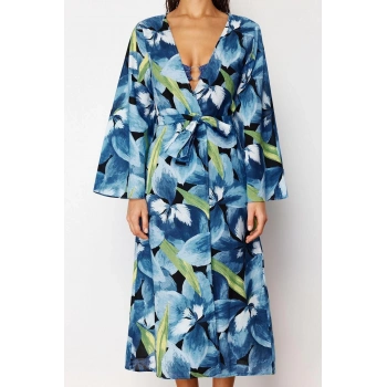 Moda Örme Regular Kalıp Uzun Kruvaze Standart Kol Vual Basic Çiçekli Desen Kimono Kaftan