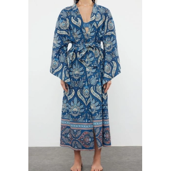 Moda Dokuma Regular Kalıp Regular V Yaka Standart Kol Flamlı Pamuk Basic Etnik Desen Kimono Kaftan