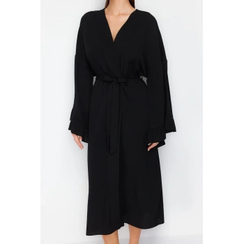 Moda Dokuma Regular Kalıp Uzun V Yaka Normal Kol Flamlı Pamuk Eteği Fırfırlı Düz Desen Kimono Kaftan