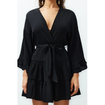 Moda Örme Oversize Kalıp Midi V Yaka BüzgülüFırfırlı Kol Crinkle Eteği Fırfırlı Düz Kimono Kaftan