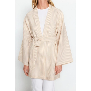 Moda Dokuma Rahat Kalıp Midi V Yaka Düşük Kol Gofre Kruvaze Çizgili Tesettür Giyim Kimono Kaftan