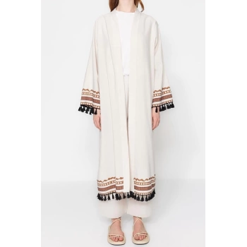 Moda Dokuma Rahat Kalıp Uzun Kruvaze Düşük Kol Keten görünümlü Kruvaze Tesettür Giyim Kimono Kaftan