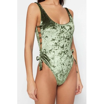 Kadın Moda Atma Kap Askılı Kare Yaka Haki Biyeli Kadife High Leg Mayo