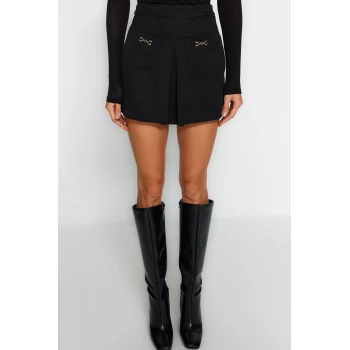 Moda Dokuma Normal Bel Boru Paça Business Siyah Cep Detaylı Dokuma Şort Etek