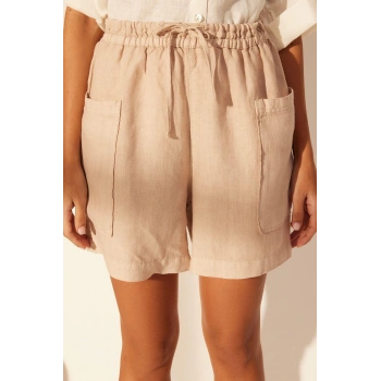 Moda Denim Yüksek Bel Geniş Paça Gündelik Taş %100 Keten Cep Detaylı Yüksek Bel Şort