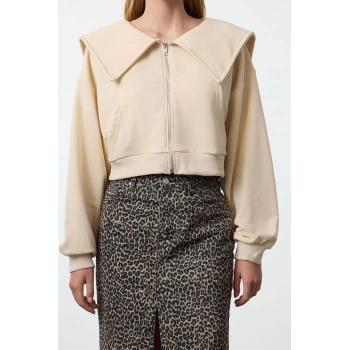 Kadın Moda Şık Crop Polo Yaka Düşük Kol Crop Normal Kalıp Fermuarlı Yaka Detaylı Örme Sweatshirt