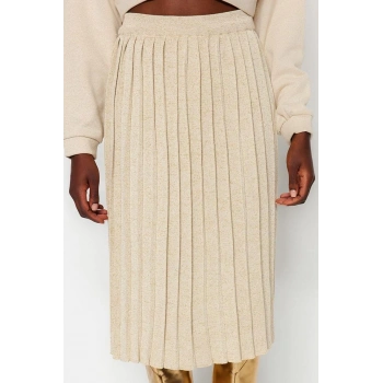 Moda Regular Düz Desen Gündüz Gece Midi Boy Simli Pileli Triko Etek