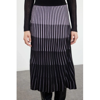 Moda Regular Renk Bloklu Desen Günlük Midi Boy Renk Bloklu Triko Etek