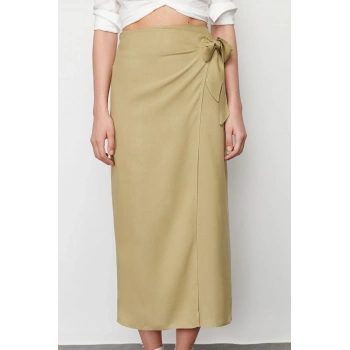 Moda Regular Düz Desen Günlük Maxi Boy Bağlamalı Kruvaze Kapama Viskon Kumaşlı Maxi Boy Dokuma Etek