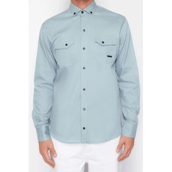 Moda Erkek Gömlek Yaka Düz Desen Günlük Regular Çıt Çıtlı Gömlek