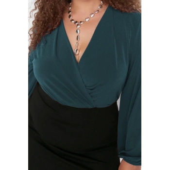 Moda Büyük Beden Kruvaze Örme Regular Düz Desen Casual Günlük Regular Uzun Kol Bluz