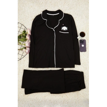 Tarz Rahat Büyük Beden Uzun Kollu Geniş Paça Panda Baskılı Örme Pijama Takımı