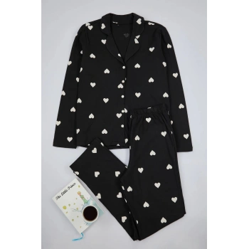 Tarz Rahat Büyük Beden Uzun Kollu Geniş Paça Kalpli Örme Pijama Takımı