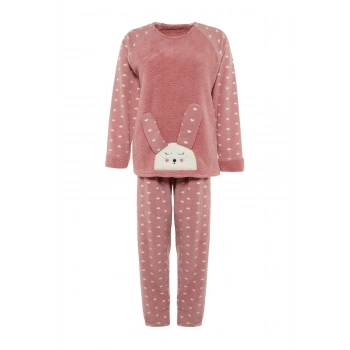 Tarz Rahat Büyük Beden Uzun Kollu Dar Paça Kalpli Polar Örme Pijama Takımı