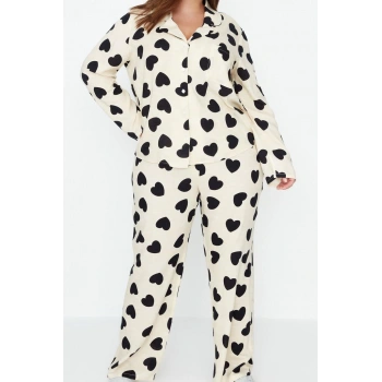 Tarz Rahat Büyük Beden Uzun Kollu Boru Paça Kalpli Dokuma Pijama Takımı