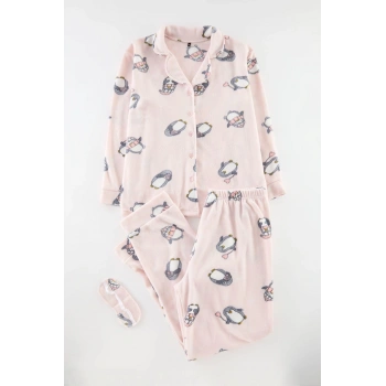 Tarz Rahat Büyük Beden Uzun Kollu Boru Paça Penguen Desenli Örme Pijama Takımı