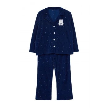 Tarz Rahat Büyük Beden Uzun Kollu Boru Paça Puantiyeli Örme Pijama Takımı