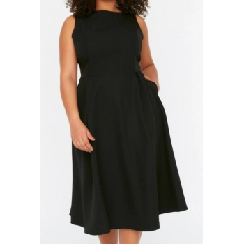 Moda Rahat Gündüz Gece Krep Dokuma Bisiklet Yaka Askılı Kol A-Line Midi Boy Büyük Beden Elbise