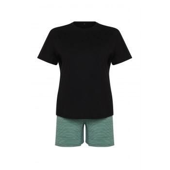 Tarz Rahat Büyük Beden Kısa Kollu Geniş Paça Ayıcık Baskılı Pamuklu Örme Pijama Takımı