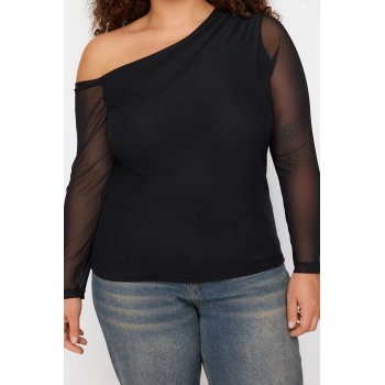 Moda Büyük Beden Asimetrik Yaka Örme Slim Baskılı Desen Casual Günlük Regular Uzun Kol Bluz