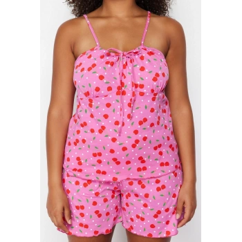 Tarz Rahat Büyük Beden Uzun Kollu Boru Paça Pamuklu Kirazlı Örme Pijama Takımı