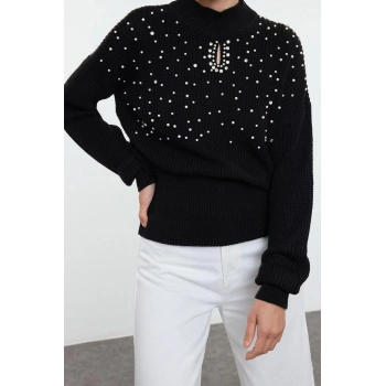 Stil Modern Kadın Regular Standart Kol Dik Yaka Taş Ve İnci Detaylı Triko Kazak