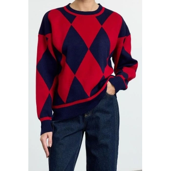 Stil Modern Kadın Regular Düşük Kol Bisiklet Yaka Baklava Desenli Triko Kazak