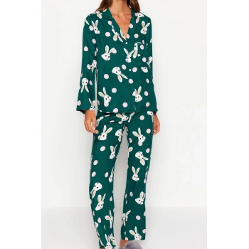 Tarz Rahat Uzun Kollu Boru Paça Tavşan Desenli Viskon Anne Kız Dokuma Pijama Takımı