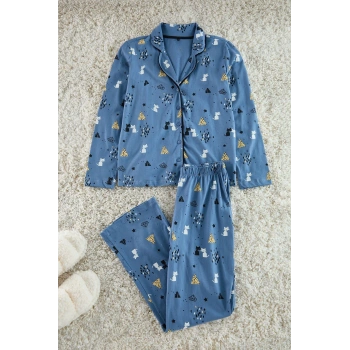 Tarz Rahat Uzun Kollu Boru Paça %100 Pamuklu Desenli Örme Pijama Takımı