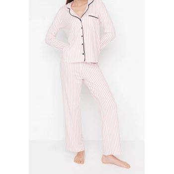 Tarz Rahat Uzun Kollu Geniş Paça %100 Pamuklu Çizgili Biyeli Örme Pijama Takımı