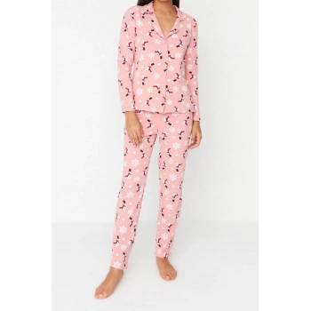 Tarz Rahat Uzun Kollu Boru Paça %100 Pamuk Yılbaşı Temalı Örme Pijama Takımı