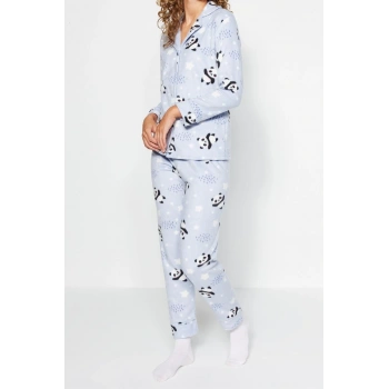 Tarz Rahat Uzun Kollu Boru Paça Panda Desenli Uyku Bantlı Polar Kışlık Örme Pijama Takımı