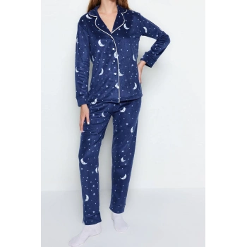 Tarz Rahat Uzun Kollu Boru Paça Ay Desenli Polar Kışlık Örme Pijama Takımı