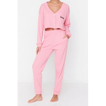 Tarz Rahat Uzun Kollu Boru Paça Fitilli Pamuklu Nakışlı Örme Pijama Takımı