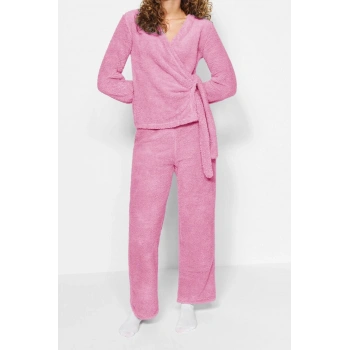 Tarz Rahat Uzun Kollu Boru Paça Pembe Yaka Wellsoft Kışlık Örme Pijama Takımı