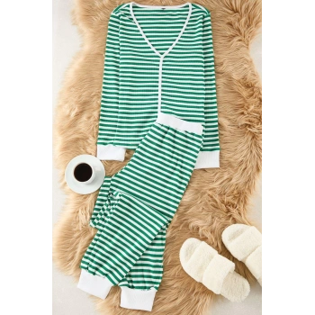 Tarz Rahat Uzun Kollu Lastikli Paça Çizgili Manşet ve Biyeli Tshirt-Jogger Örme Pijama Takımı