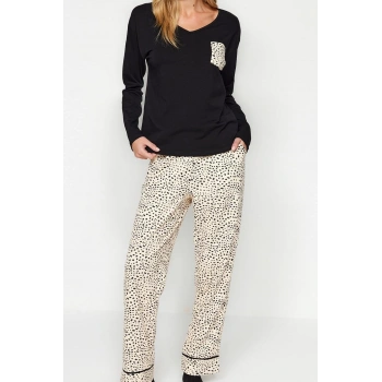 Tarz Rahat Uzun Kollu Boru Paça %100 Pamuk Leopar Desenli Tshirt-Pantolon Örme Pijama Takımı