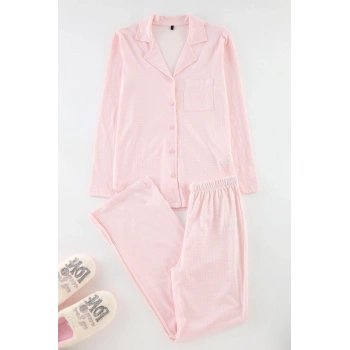 Tarz Rahat Uzun Kollu Boru Paça %100 Pamuklu Pötikareli Örme Pijama Takımı