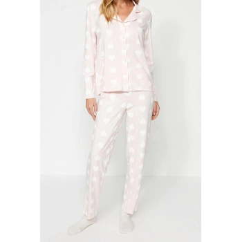 Tarz Rahat Uzun Kollu Boru Paça Premium %100 Pamuk Kalp Puf Desenli Gömlek-Pantolon Pijama Takımı